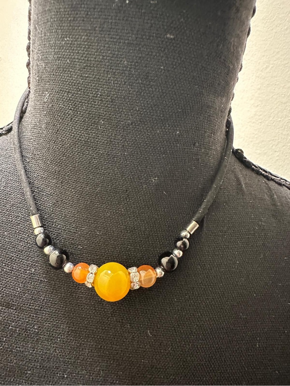 Yellow Bead Black Leather Cord Choker Necklace Orange Carnelian Rhinestone Boho
